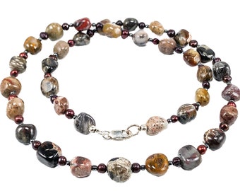 Jasper Stone Bead Necklace with Small Burgundy Freshwater Pearls - Multi-color Gray Pebble Beaded Necklace - 12th Anniversary Gift Idea