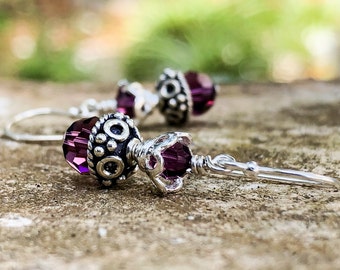 Beaded Purple Crystal Earrings Silver - February Birthstone Birthday Gift - 15th Wedding Anniversary Gift for Her - Amethyst Crystal Jewelry