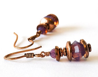 Cyclamen Opal Bead Earrings - Purple Crystal Copper Earrings - Solid Copper Jewelry - October Birthstone Birthday Gift - 7th Anniversary