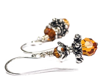 Topaz Crystal Earrings with Bali Sterling Silver Beads - Yellow Crystal Bead Earrings - November Birthstone Jewelry - 3rd Anniversary Gift