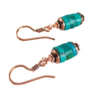 Solid Copper and Turquoise Earrings - Rustic Copper Jewelry 7th Anniversary Gift for Wife - Stacked Blue Turquoise Bead Dangle  Earrings