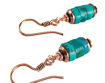 Solid Copper and Turquoise Earrings - Rustic Copper Jewelry 7th Anniversary Gift for Wife - Stacked Blue Turquoise Bead Dangle  Earrings