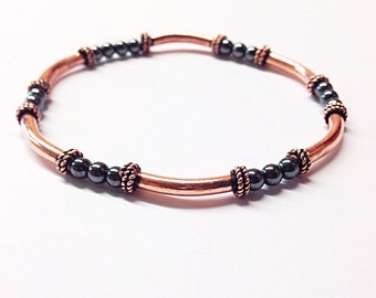 Hematite Bracelet - Copper Bracelet - 7th - 11th - 22nd - Anniversary Gift - Round Hematite Beaded Bracelet - Copper Jewelry