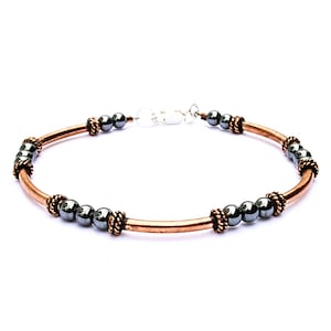 Copper Jewelry - Hematite Stone Bead Bracelet - Gray Beaded Copper Bracelet - 7th Wedding Anniversary Gift for Wife -  22nd Year Present