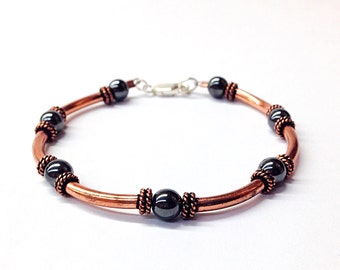 Mens copper bracelet - husband gift - copper jewelry- 7th anniversary-11th anniversary-hematite beaded bracelet-mens jewelry - Fathers Day