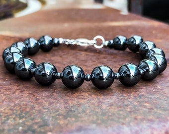 8mm Hematite Bracelet for Men or Women - Polished Gray Beaded Bracelet - Smooth Round Gemstone - Simple Jewelry - 11th Anniversary Gift Idea