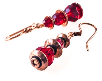 Red Beaded Copper Earrings - Ruby Crystal Dangle Earrings - 7th anniversary Gift for Wife - 22nd Wedding Present - Unique Copper Jewelry