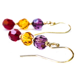Amethyst Crystal Earrings with Yellow Topaz and Ruby Crystals - February Birthstone Birthday Gift Idea for Her