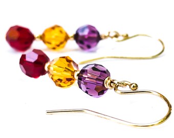 Boucles d'oreilles en cristal jaune, rouge, violet or - bijoux de pierre de naissance de février - cadeau d'anniversaire de juillet - cadeau d'anniversaire de mariage pour femme