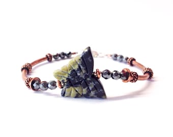 Chartreuse, Black Butterfly Charm Copper Bracelet with Faceted Hematite Stone Beads - Copper Jewelry for 7th Anniversary - Sterling Silver