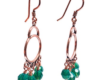 Green Chandelier Earrings - Copper Hoop Earrings with Green Crystal Dangles - Copper Earrings - Copper Jewelry - 7th Anniversary Gift idea