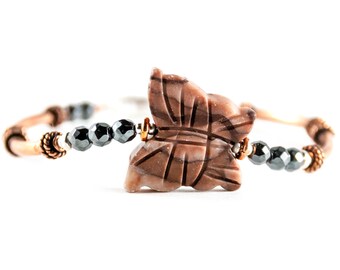 Pink Stone Butterfly Bracelet - Copper Bracelet with Jasper, Hematite Beads - Butterfly Pendant Jewelry - 7th Anniversary Gift Idea -