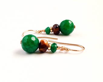 Jade Earrings with Golden Tiger-eye Gemstone Beads - 14kt GF- Green and Brown Stone Earrings Gold - 12th, 35th - Anniversary Gift for Wife