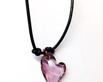 Purple Crystal Heart Necklace - Black Leather Choker Necklace with Lavender Heart Pendant - 3rd, 9th, 15th Wedding Anniversary Gift for Her