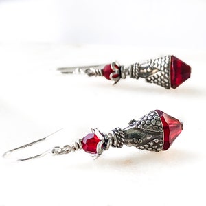 Red Beaded Earring - Ruby Crystal Dangle Earrings - July Birthstone Crystal Jewelry   15th Anniversary Gift - Bali Silver Pattern Earrings