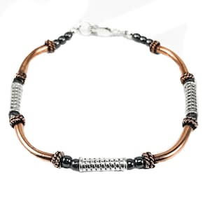 Sterling Silver Solid Copper Bracelet - Mixed Metal Gray Stone Bead Hematite Bracelet - 7th Anniversary Gift Idea for Her - Copper Jewelry