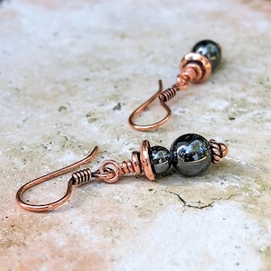 Small Hematite Bead Earrings with Solid Copper Metal - 7th Anniversary Gift Idea for Her - Gray Stone Earrings - Beaded Copper Earrings