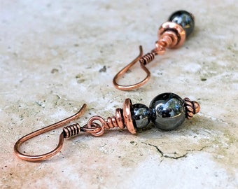 Small Hematite Earrings with Solid Copper Metal - 7th Anniversary Gift for Wife - Shiny Gray Stone Bead Earrings - Beaded Copper Earrings