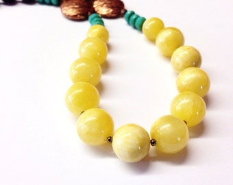 Yellow Jade Necklace - yellow turquoise bead necklace - 12th anniversary gift - bright yellow - yellow jewelry -  brown - 35th