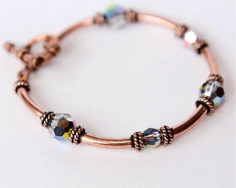 Pulseiras de cobre - Presentes para o 7º aniversário de casamento - Joias de cobre - 22º aniversário - Pulseira de cobre com cristal