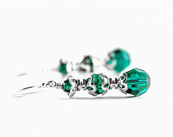 Long Emerald Green Crystal Bead Silver Earrings - May Birthstone Birthday Gift for Her - 15th Anniversary - Open Weave Silver Filigree