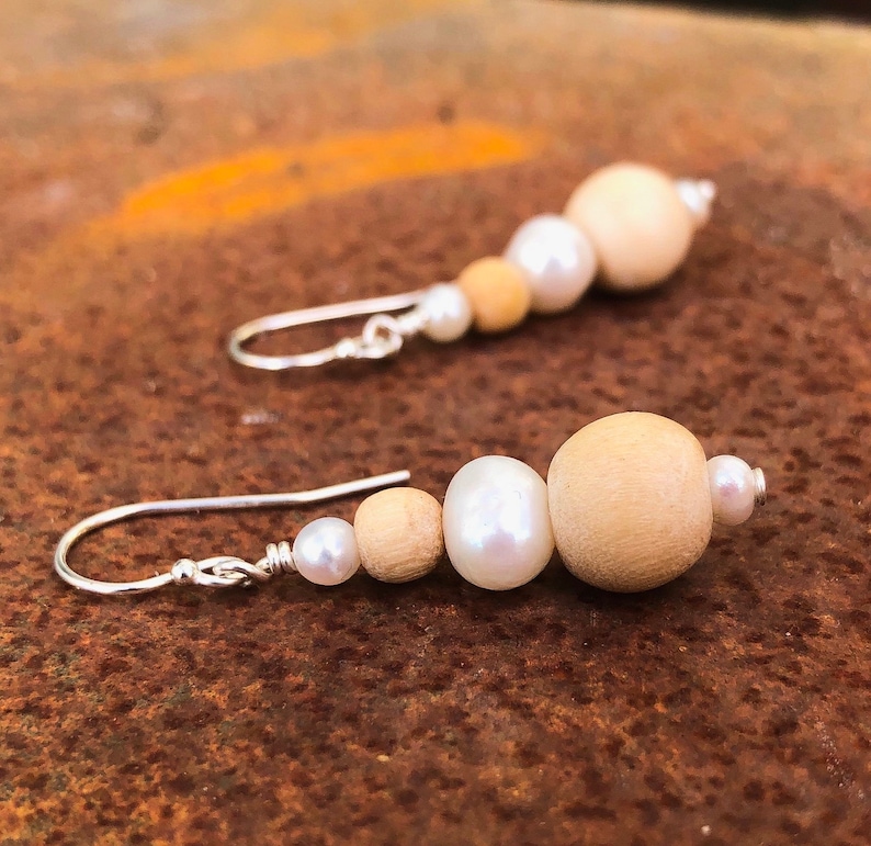 White Pearl Dangles 5th Anniversary Gift for Wife Wood Earrings Wood Jewelry Wooden Earrings