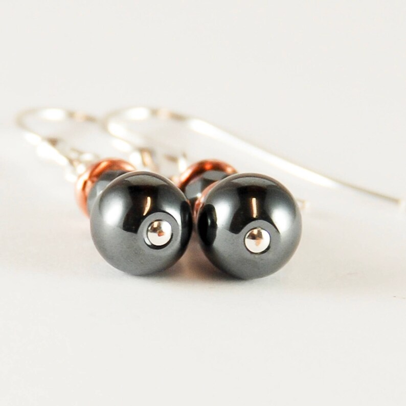 Gray Bead Earrings Beaded Hematite Earrings with Copper Sterling Silver Copper Earrings Anniversary Gifts for Wife 7th 11th -22nd