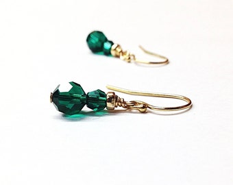 Small Emerald Green Crystal Bead Dangle Earrings Gold - May Birthday Gift Idea - Birthstone Jewelry - Unique 15th Crystal Anniversary Gift