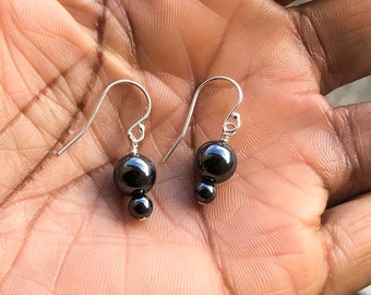 Simple Hematite Earrings Sterling Silver - Gray Stone Earrings - Hematite Jewelry - Round Beaded Earrings for Women