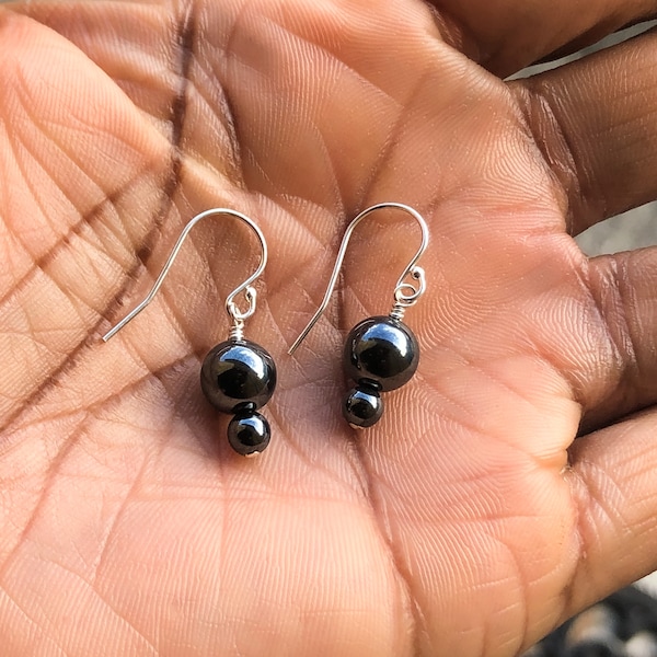 Simple Hematite Earrings Sterling Silver - Gray Stone Earrings - Hematite Jewelry - Round Beaded Earrings for Women
