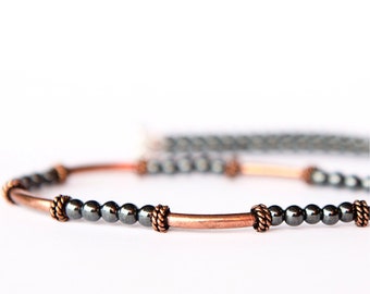 Colar de Hematita com Pequenas Contas - Colar de Cobre Maciço com Gemas Cinzas Redondas - Joia de Cobre - Presente de 7º Aniversário para Ela - 11º ao 22º Aniversário