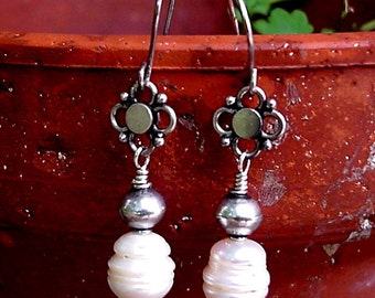 Large White Baroque Freshwater Pearl Earrings with Sterling Silver Filigree - Pearl jewelry - 12th Anniversary Gift - June Birthday Gift