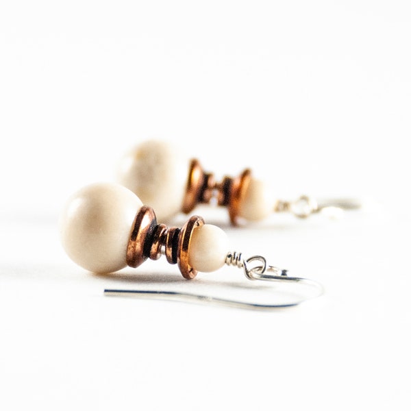 Ivory Stone Bead Earrings - Cream Color Beaded Earrings - Off White, Beige Drop Earrings - 7th Anniversary Gift for Her - Copper Jewelry