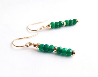 Gold Green Jade Earrings - long green earrings - 12th anniversary gifts for wife - jade anniversary - green stone earrings - jade jewelry