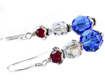 Red, White and Blue Earrings - 4th of July Patriotic Crystal Jewelry - Clear, Sapphire,  Ruby Earrings with Silver - Birthstone Earrings