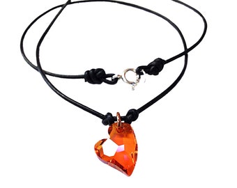 Black Leather Choker with Heart Pendant - Small Orange Crystal Heart Necklace - Valentine's Day Gift Idea for Her - 15th Wedding Anniversary