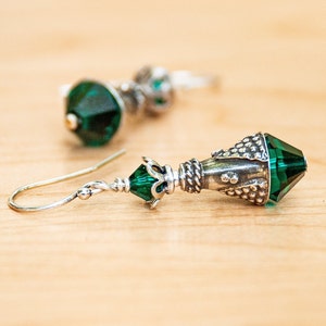 Emerald Green Crystal Bead Earrings with Cone-Shaped Fancy Pattern Bali Sterling Silver - May Birthstone Birthday Gift - Crystal Jewelry