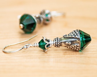 Emerald Green Crystal Bead Earrings with Cone-Shaped Fancy Pattern Bali Sterling Silver - May Birthstone Birthday Gift - Crystal Jewelry