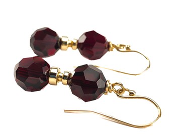 8mm Round Dark Red Garnet Crystal Earrings Gold - January Birthstone Birthday Gift - 3rd and 15th Wedding Anniversary Gift  - Christmas Gift