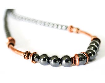 Hematite Bead Necklace for Women - Copper Necklace - 7th Anniversary Gift for Her - 11th Anniversary - Gray Stone Beaded Necklace