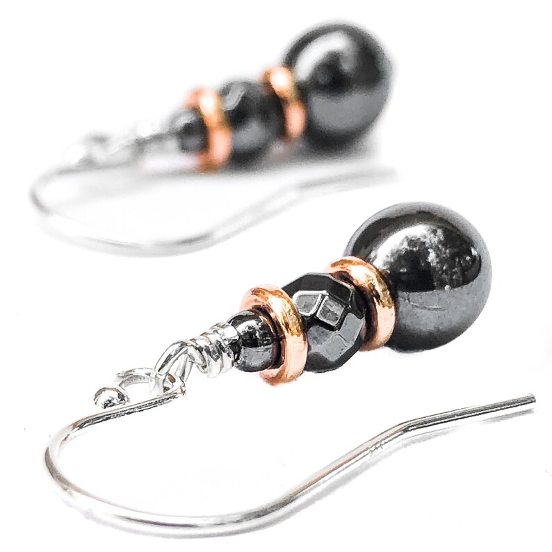 Gray Bead Earrings Beaded Hematite Earrings with Copper Sterling Silver Copper Earrings Anniversary Gifts for Wife 7th 11th -22nd