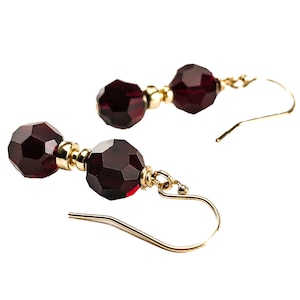 8mm Round Dark Red Garnet Crystal Earrings Gold - January Birthstone Birthday Gift - 3rd and 15th Wedding Anniversary Gift