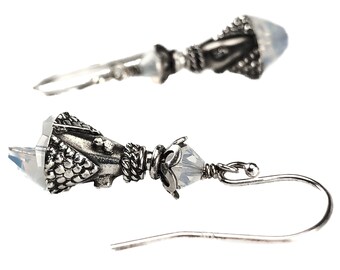 White Opal Crystal Earrings - Sterling Silver Bali Dangle Earrings - Milky White Beaded Earrings - 3rd Anniversary Gift - October Birthstone