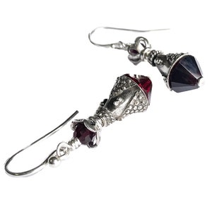 Dark Red Garnet Crystal Earrings with Fancy Pattern Bali Sterling Silver January Birthstone Birthday Gift Her Crystal Jewelry image 2