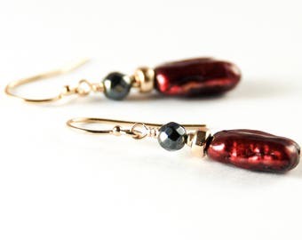 Dark Red Pearl Earrings Gold - 3rd -12th - 30th - Anniversary Gift Ideas - June Birthstone Birthday Gift for Her - Freshwater Pearl Jewelry