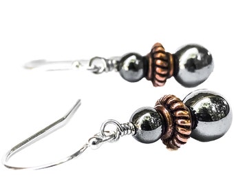 Hematite Earrings with Ribbed Solid Copper Beads - Small Round Gray Stone Bead Dangle Earrings - 7th Wedding Anniversary Gift Idea for Her