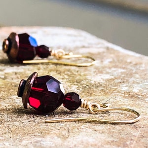 Stacked Garnet Crystal Earrings Copper Earrings with 2 Round Dark Red Beads January Birthstone 7th Anniversary Gift Copper Jewelry Garnet