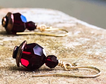 Stacked Garnet Crystal Earrings - Copper Earrings with 2 Round Dark Red Beads - January Birthstone - 7th Anniversary Gift - Copper Jewelry