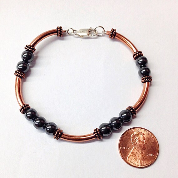 Copper Bracelet with 6mm Round Gray Hematite Stones 7th Anniversary Copper Gift for Men and Women 