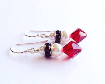 Ruby and White Crystal Pearl Earrings with Beaded Dark Red Garnet Rhinestones - Crystal Jewelry - Long Formal Bridesmaids Beaded Earrings